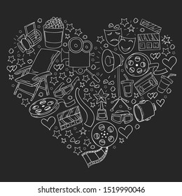 Vector pattern with cinema icons. Movie Theater, TV, popcorn, video clips, musical