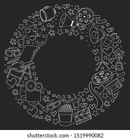 Vector pattern with cinema icons. Movie Theater, TV, popcorn, video clips, musical