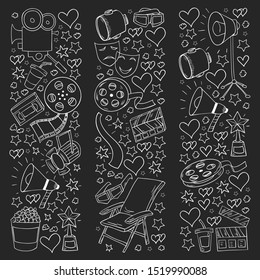 Vector pattern with cinema icons. Movie Theater, TV, popcorn, video clips, musical