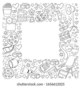 Vector pattern with cinema icons. Movie Theater, TV, popcorn, video clips, musical