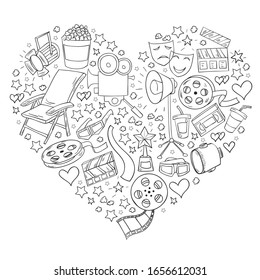Vector pattern with cinema icons. Movie Theater, TV, popcorn, video clips, musical