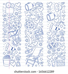 Vector pattern with cinema icons. Movie Theater, TV, popcorn, video clips, musical