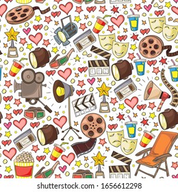 Vector pattern with cinema icons. Movie Theater, TV, popcorn, video clips, musical