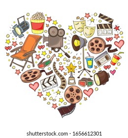 Vector pattern with cinema icons. Movie Theater, TV, popcorn, video clips, musical