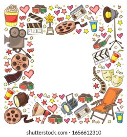 Patrón vectorial con iconos de cine. Cine, TV, palomitas, videoclips, música