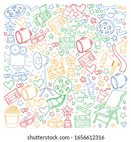 Vector pattern with cinema icons. Movie Theater, TV, popcorn, video clips, musical