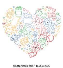 Vector pattern with cinema icons. Movie Theater, TV, popcorn, video clips, musical