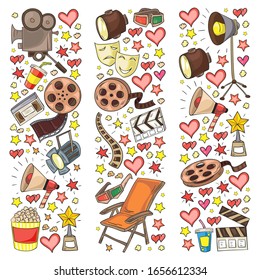Vector pattern with cinema icons. Movie Theater, TV, popcorn, video clips, musical