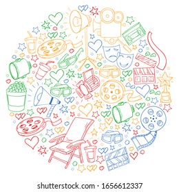 Patrón vectorial con iconos de cine. Cine, TV, palomitas, videoclips, música