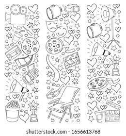 Vector pattern with cinema icons. Movie Theater, TV, popcorn, video clips, musical