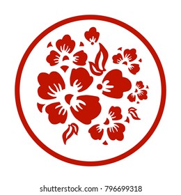 Vector pattern in circle with red cherry flowers and leaves