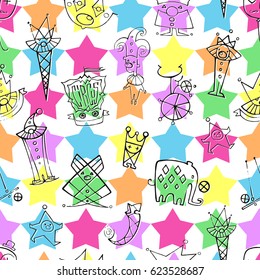 Vector pattern with circus icons (clowns, elephant, bicycle, balloon) on colorful stars background. Seamless pattern can be used for wallpaper, pattern fills, web page background,surface textures.