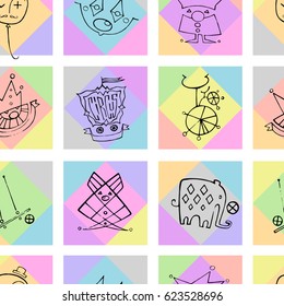 Vector pattern with circus icons (clowns, elephant, bicycle, balloon) on colorful square frames. Seamless pattern can be used for wallpaper, pattern fills, web page background,surface textures.