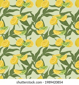 Vector pattern of citrus fruits on a green background. Juicy lemon with lime for the summer design of the restaurant menu. Vector illustration