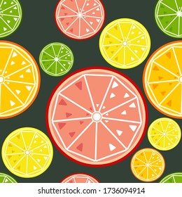 Vector pattern of citrus slices of lemon, orange, lime and grapefruit. Modern style, flat.  Vitamin c seamless.