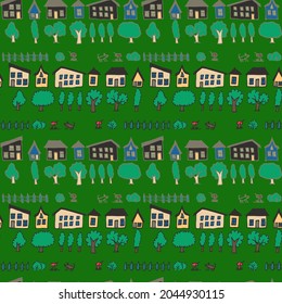 Vector pattern city landscape. For printing on fabric. City houses trees pattern.
