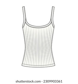 Vector pattern of a classic strappy tank top with a round neckline, white. Vector sketch of women's strappy undershirt.