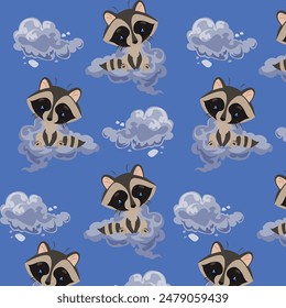 Vector pattern of clouds and raccoons sitting on clouds. For printing and printing.
