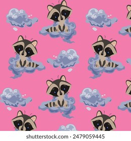 Vector pattern of clouds and raccoons sitting on clouds. For printing and printing.
