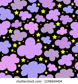 Vector pattern with clouds and stars on black night background. Seamless pattern can be used for wallpaper, pattern fills, web page background, surface textures.