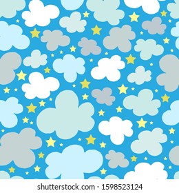Vector pattern with clouds and stars on a blue background. Seamless pattern can be used for wallpaper, pattern fills, web page background, surface textures.