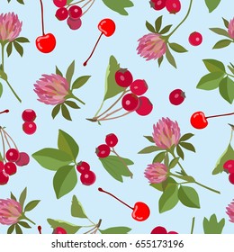 Vector pattern with clover flowers, hawthorn berries and cherries on a blue background.