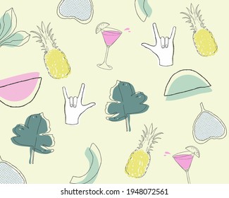 Vektormuster, Cocktailparty, tropisches Blattwerk und Ananas. Von Hand gezeichnet, der Stil des hellen Autors.
