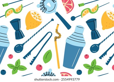 Vector pattern of cocktail tools and garnishes in flat cartoon style. Illustrations of shakers, strainers, jiggers, citrus slices, mint leaves, seamless background of bar accessories for mixology