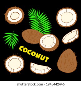 Vector pattern with coconuts and coconut slices on a black background.