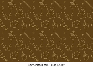 Vector pattern with cofee cup, coffee beans, spoons and cake. Use brown and dark yellow color.