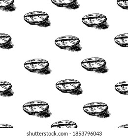 Vector pattern with coffee beans drawn by hand with a liner in the linart style. Black coffee beans for printing on textiles and Wallpaper