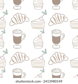 Patrón vectorial del café, los croissants, los muffins