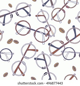 Vector pattern with coffee and glasses. Lightness seamless background with hand drawn illustration perfectly for print, packing and textiles design.
