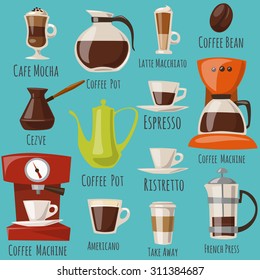 Vector  pattern. Vector coffee icons.Flat coffee icons. Food and drink elements. 