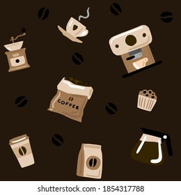 Vector pattern with coffee. Coffee machine, coffee maker. A cup. Coffee grinder. Hand drawing. Pattern on a brown background. For restaurants, cafes, kitchens.