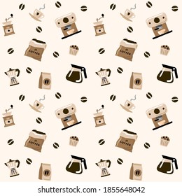 Vector pattern with coffee. Coffee machine, coffee maker. A cup. Coffee grinder. Hand drawing. Pattern on a 
beige background. For restaurants, cafes, kitchens.