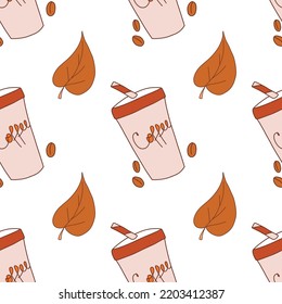 vector pattern for a coffee shop a glass with the inscription coffee and an autumn leaf. autumn ornament. package design, print, textile, banner