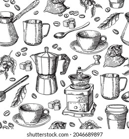 vector pattern with coffee, sketch drawing, black and white. for coffee shops, menu
