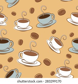 Vector pattern Coffee time. Coffee cups and names with beens