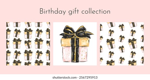 Vector pattern collection for Birthday decor. Modern illustration of a gift box with a black bow and golden elements. Wrapping paper design, book cover pattern.