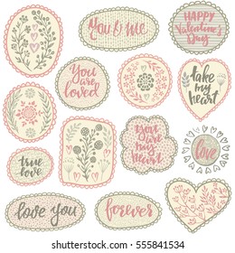 Vector pattern collection in retro style with hand drawn flowers and branches, hearts and handwritten lettering. Floral ornament for greeting cards, invitations. Valentine Day, Love, romantic theme
