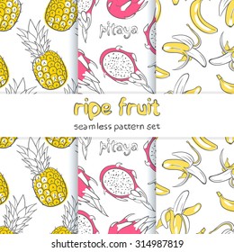 vector pattern collection of seamless Wallpaper with images of ripe exotic fruits, pineapple, banana, dragonfruit