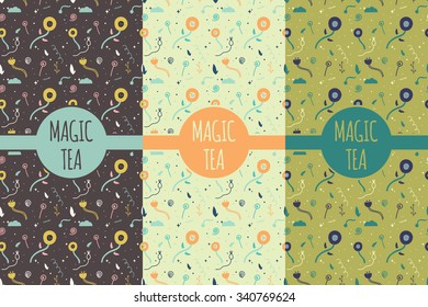 Vector pattern collection for tea package - white,black and green tea. Set of design elements in trendy simple style. Magic tea package set