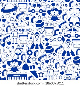 Vector pattern with the collection of toys. Doll, submarine, plane, ship. Children and kindergarten illustration.