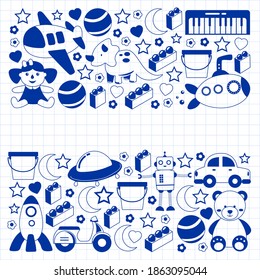 Vector pattern with the collection of toys. Doll, submarine, plane, ship. Children and kindergarten illustration.