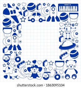 Vector pattern with the collection of toys. Doll, submarine, plane, ship. Children and kindergarten illustration.