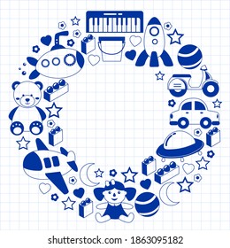 Vector pattern with the collection of toys. Doll, submarine, plane, ship. Children and kindergarten illustration.