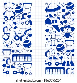 Vector pattern with the collection of toys. Doll, submarine, plane, ship. Children and kindergarten illustration.