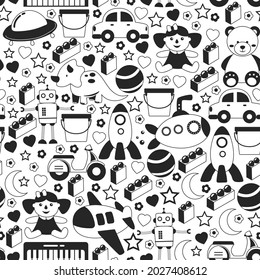 Vector pattern with the collection of toys. Doll, submarine, plane, ship. Children and kindergarten illustration.