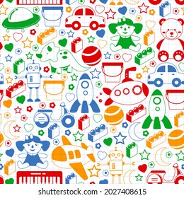 Vector pattern with the collection of toys. Doll, submarine, plane, ship. Children and kindergarten illustration.